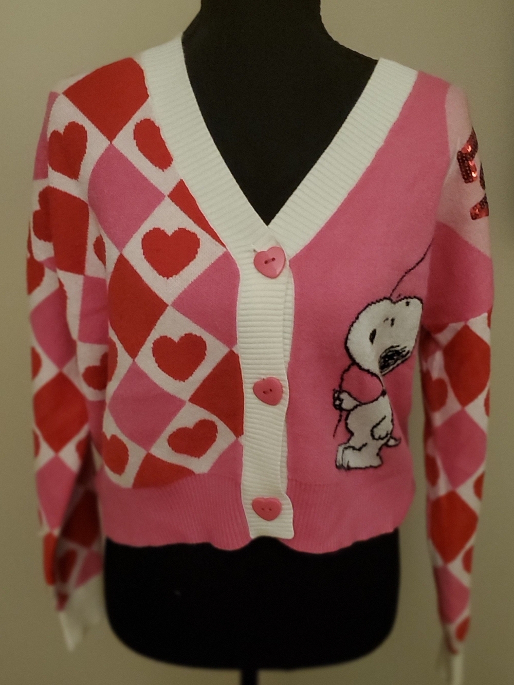 Peanuts Pink and Red Heart-Print V-Neck Cardigan